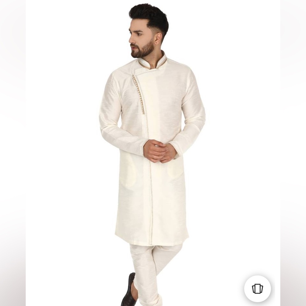 Skavij Kurta Men’s Ivory Cream Soft Dupioni Silk Fabric Indian Tunic